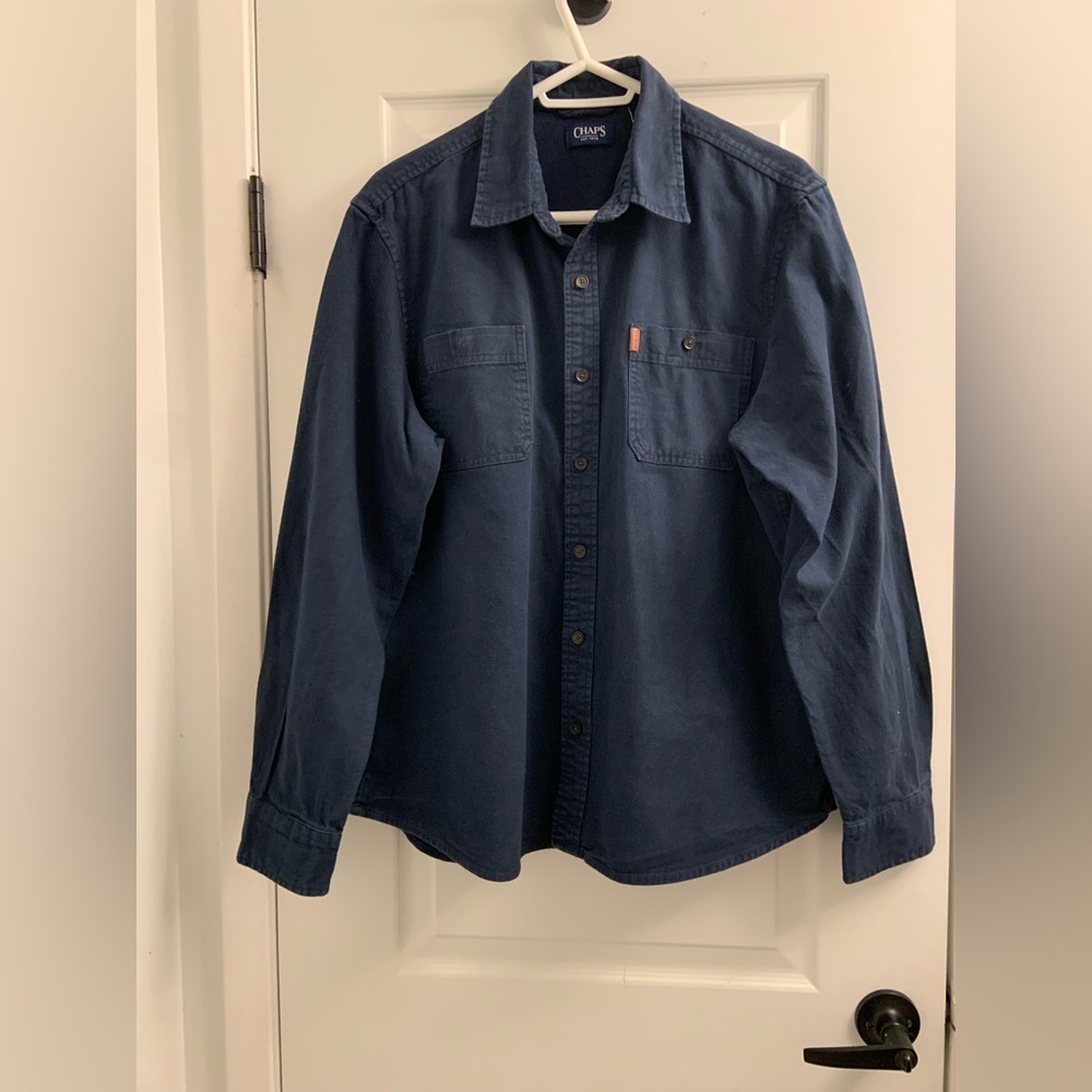 Chaps blue navy brushed 100% cotton chamois shirt with Brown Tag